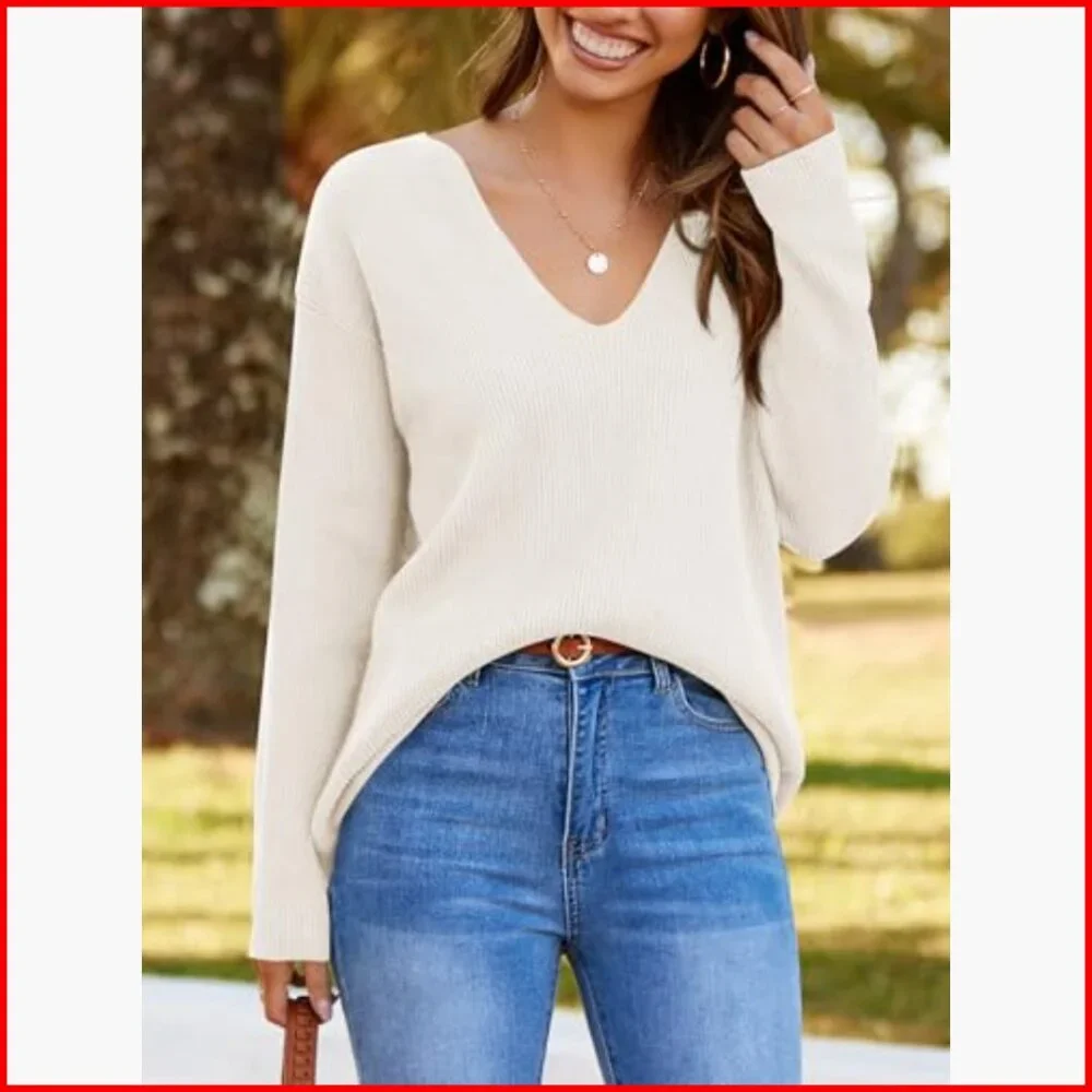 Oversized Deep V-Neck Pullover Sweater, Long Sleeve Waffle Knit Tunic - Picture 5 of 7